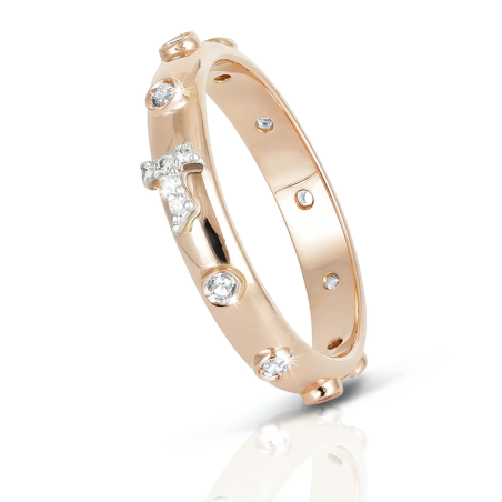 Anello Rosario Tau francescano e decina in oro con zirconi