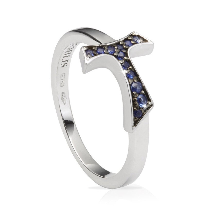 Anello Segno Canticum Tau francescano in oro con pietre