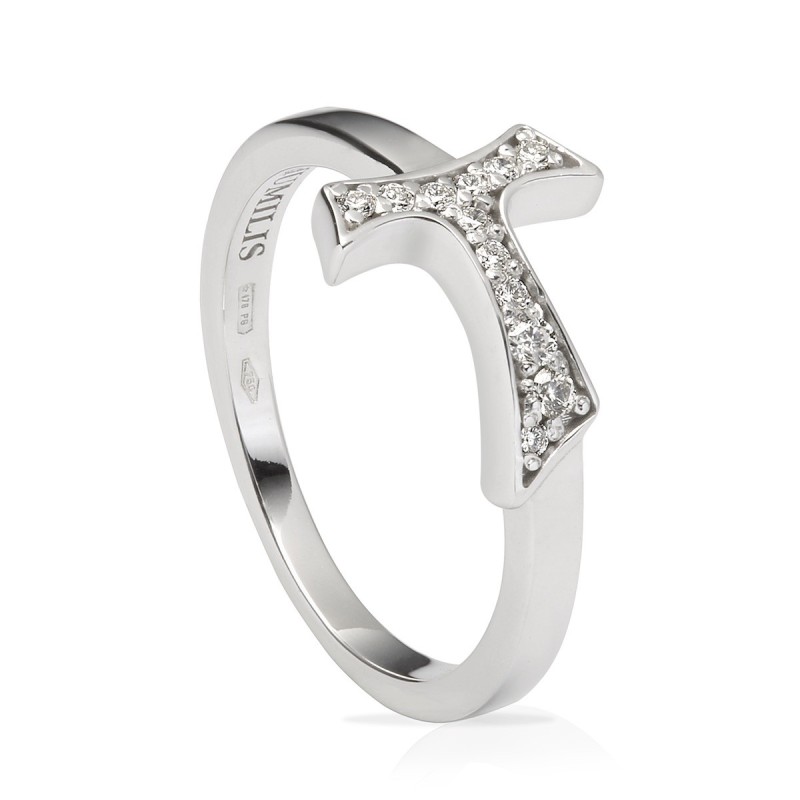 Gold Canticum ring Franciscan Sign Tau cross with stones