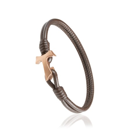 Sterling silver and brown leather Sign Bracelet with Franciscan Tau cross