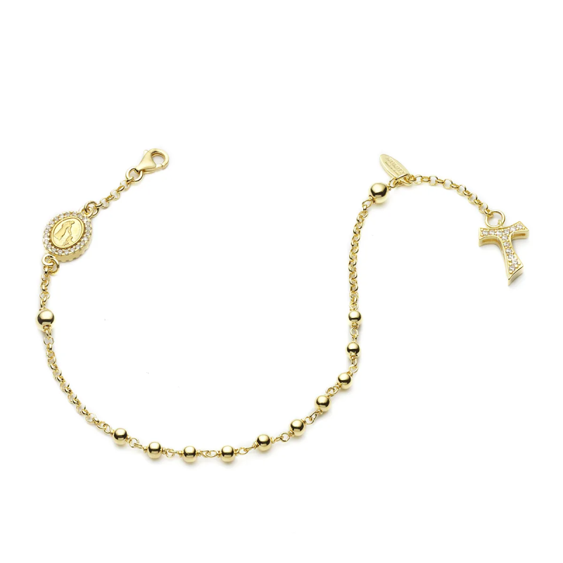 Sterling silver Rosary bracelet with decade hanging Tau cross St. Francis and miracolous Virgin medal