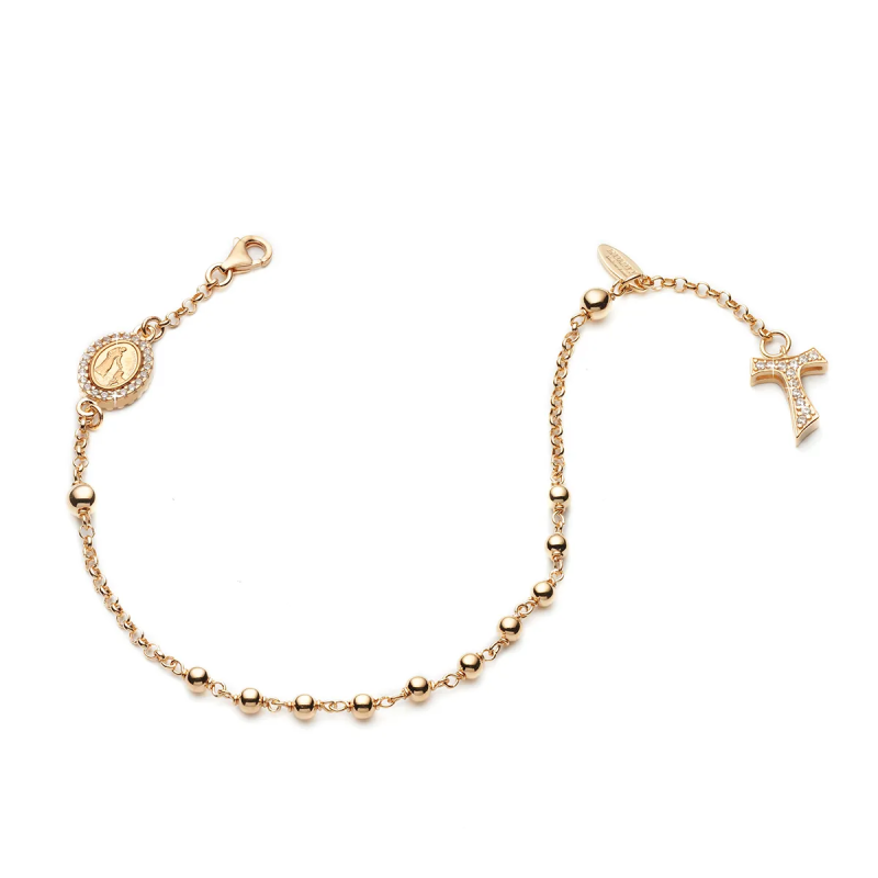 Sterling silver Rosary bracelet with decade hanging Tau cross St. Francis and miracolous Virgin medal