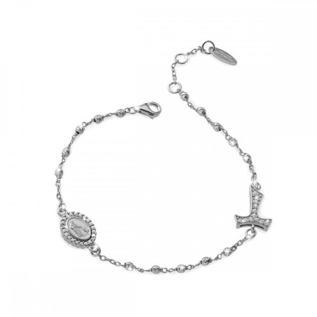 Bracciale Rosario Tau con San Francesco e Madonna miracolosa con decina di grani in oro e zirconi