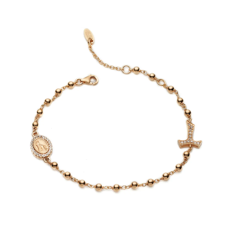Bracciale Rosario Tau con San Francesco e Madonna miracolosa con decina di grani in argento