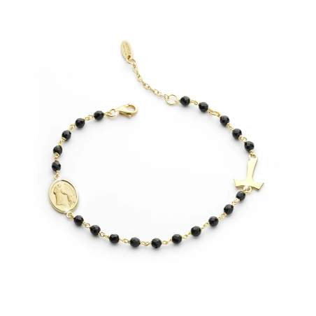 Sterling silver Rosary bracelet with onyx decade Tau cross St. Francis and miracolous Virgin medal