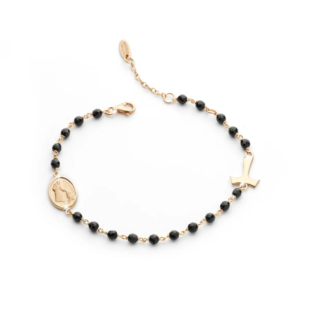 Sterling silver Rosary bracelet with onyx decade Tau cross St. Francis and miracolous Virgin medal