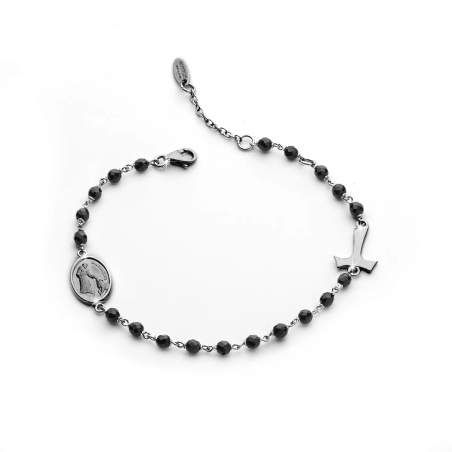 Bracciale Rosario Tau con San Francesco e Madonna miracolosa in argento con decina di grani in pietre