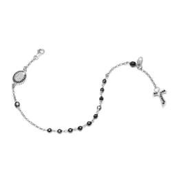 Sterling silver Rosary bracelet with onyx decade hanging Tau cross St. Francis and miracolous Virgin medal