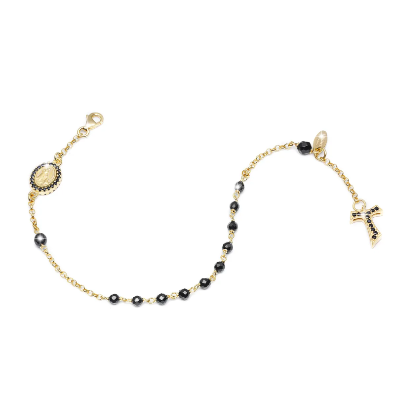 Sterling silver Rosary bracelet with onyx decade hanging Tau cross St. Francis and miracolous Virgin medal