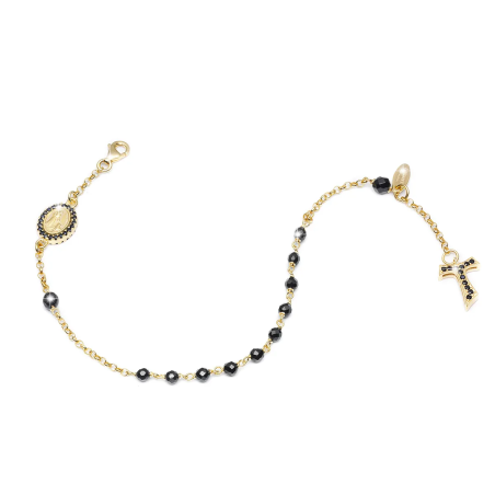 Sterling silver Rosary bracelet with onyx decade hanging Tau cross St. Francis and miracolous Virgin medal