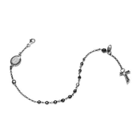 Sterling silver Rosary bracelet with onyx decade hanging Tau cross St. Francis and miracolous Virgin medal