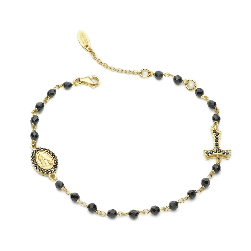Sterling silver Rosary bracelet with onyx decade Tau cross St. Francis and miracolous Virgin medal