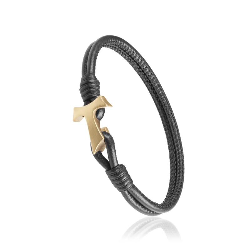 Bracciale Segno Tau francescano in pelle nera e oro