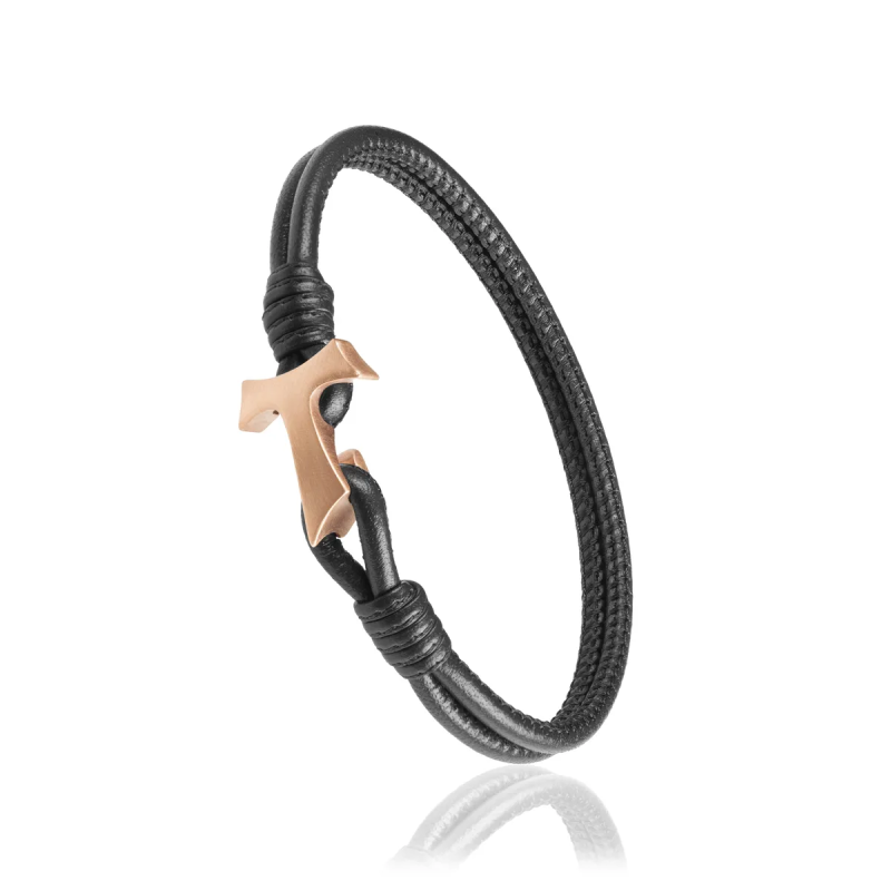 Bracciale Segno Tau francescano in pelle nera e oro