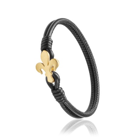 Gold and black leather Iter Florence bracelet with Florentine lily