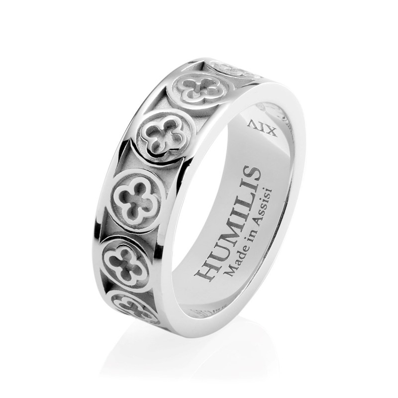 Gold Iter Venice band ring with Palazzo Ducale's quadrilob flower