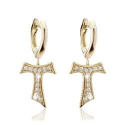 Gold hanging Tau cross earrings with zirconia
