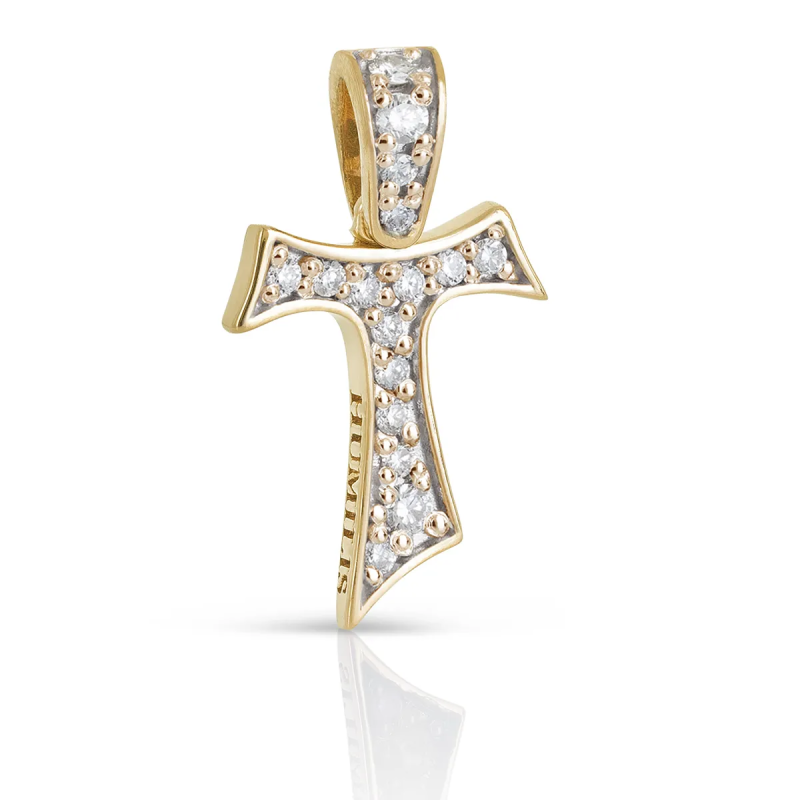 Croce Segno Tau francescano in argento e zirconi