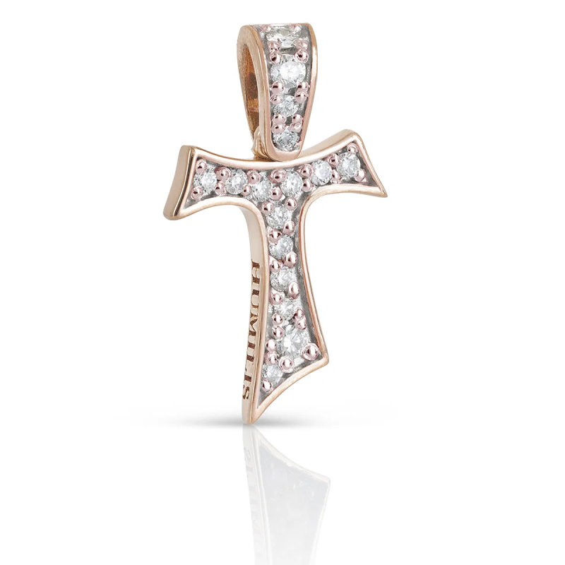 Croce Segno Tau francescano in argento e zirconi