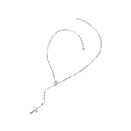 Gold rosary necklace with hanging Tau cross, beads and miracolous medal