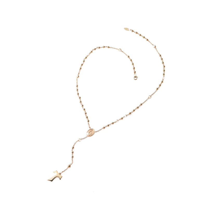 Gold rosary necklace with hanging Tau cross, beads and miracolous medal