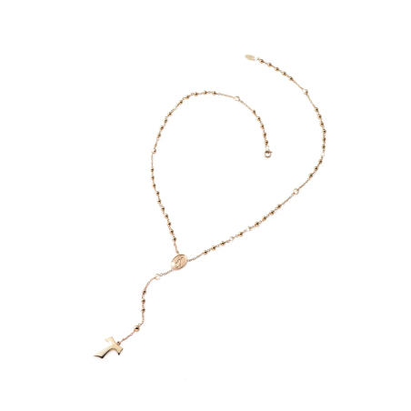 Gold rosary necklace with hanging Tau cross, beads and miracolous medal