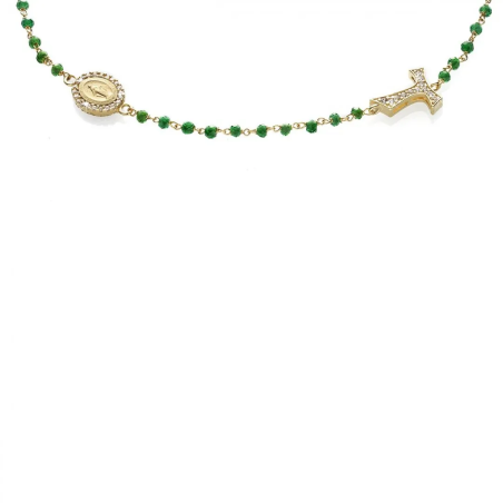 Gold round rosary necklace with Franciscan Tau cross, St. Francis and Miracolous Mary with stones and beads