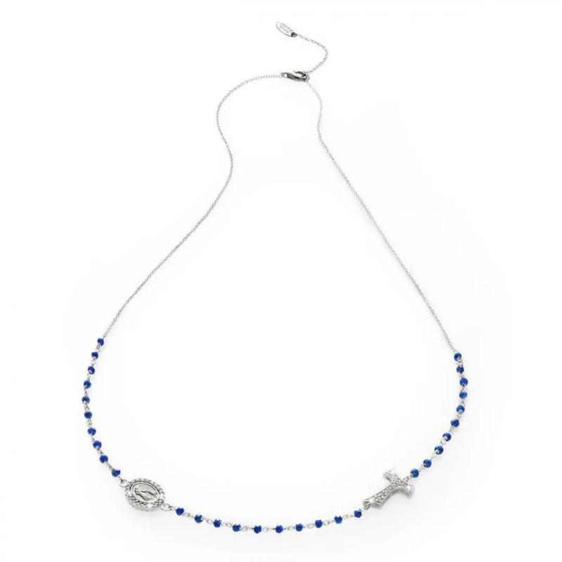 Gold round rosary necklace with Franciscan Tau cross, St. Francis and Miracolous Mary with stones and beads