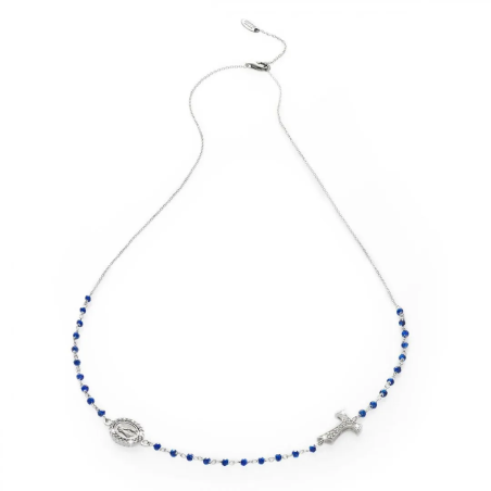 Gold round rosary necklace with Franciscan Tau cross, St. Francis and Miracolous Mary with stones and beads