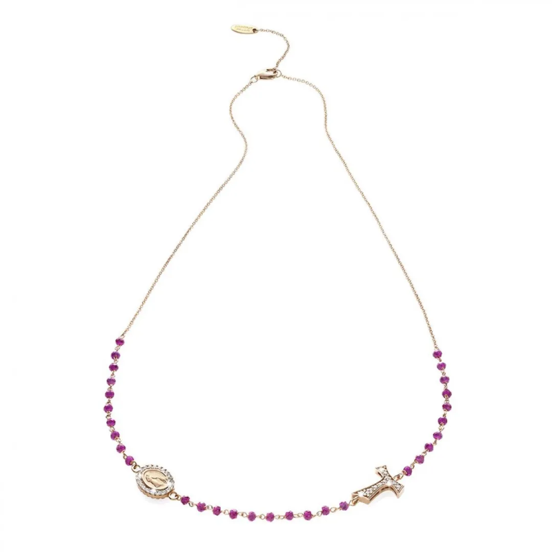Gold round rosary necklace with Franciscan Tau cross, St. Francis and Miracolous Mary with stones and beads