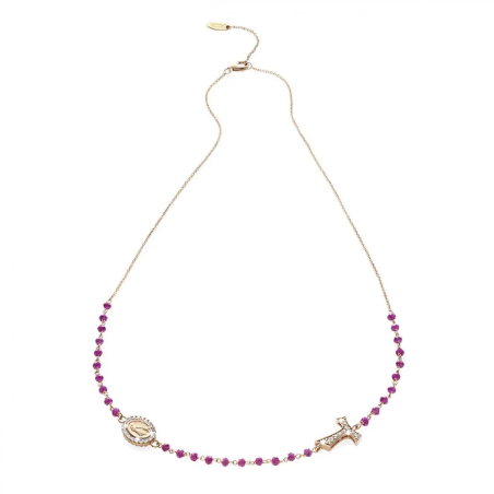 Collana Rosario Canticum Tau girocollo con San Francesco e Madonna miracolosa in oro con decina di grani in pietre