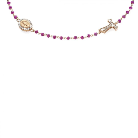 Collana Rosario Canticum Tau girocollo con San Francesco e Madonna miracolosa in oro con decina di grani in pietre