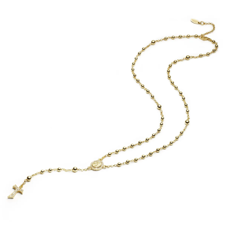 Collana Rosario Tau pendente con San Francesco e Madonna miracolosa con decina di grani in argento e zirconi