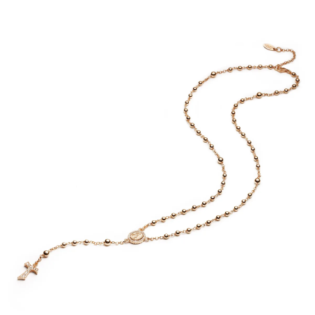 Collana Rosario Tau pendente con San Francesco e Madonna miracolosa con decina di grani in argento e zirconi