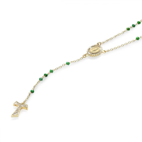 Collana Rosario Canticum Tau pendente con San Francesco e Madonna miracolosa in oro con decina di grani in pietre