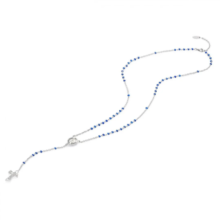Gold rosary necklace with hanging Franciscan Tau cross, St. Francis and Miracolous Mary with stones and beads