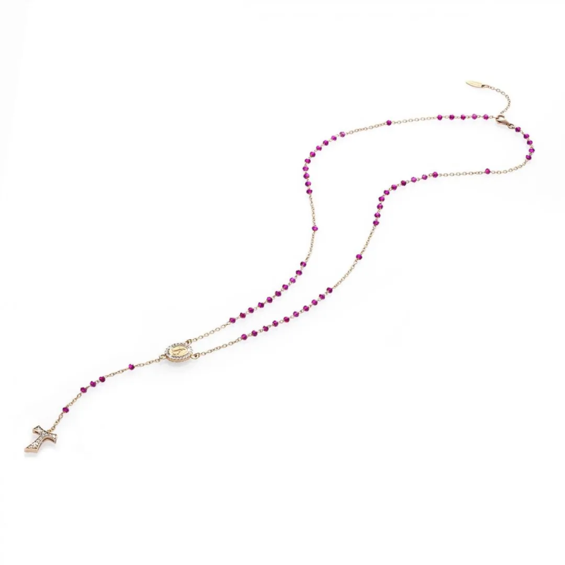 Collana Rosario Canticum Tau pendente con San Francesco e Madonna miracolosa in oro con decina di grani in pietre