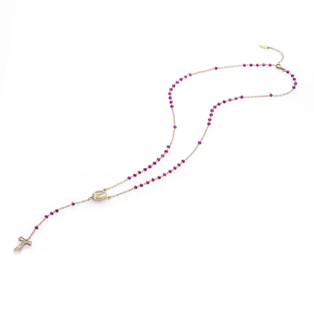 Collana Rosario Canticum Tau pendente con San Francesco e Madonna miracolosa in oro con decina di grani in pietre