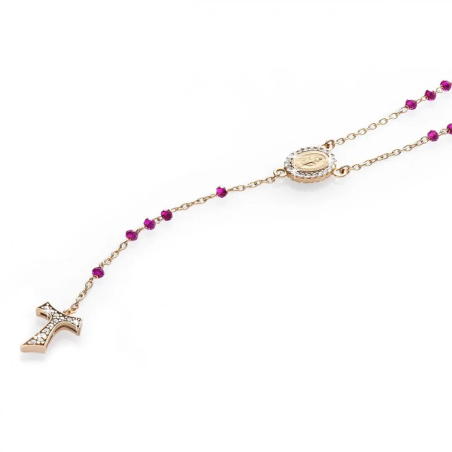 Collana Rosario Canticum Tau pendente con San Francesco e Madonna miracolosa in oro con decina di grani in pietre