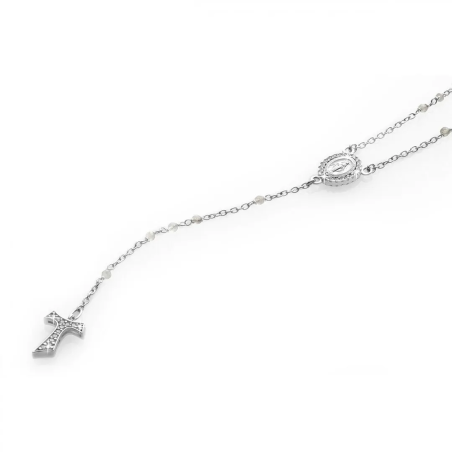 Collana Rosario Canticum Tau pendente con San Francesco e Madonna miracolosa in oro con decina di grani in pietre