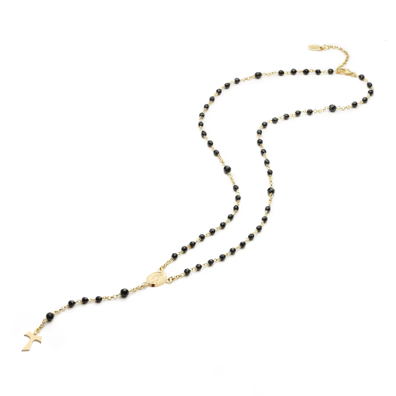 Sterling silver rosary necklace with hanging Tau cross and St. Francis medal with onyx