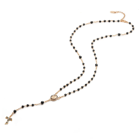Sterling silver Rosary necklace with onyx beads, tau cross and miracolous Mary medal