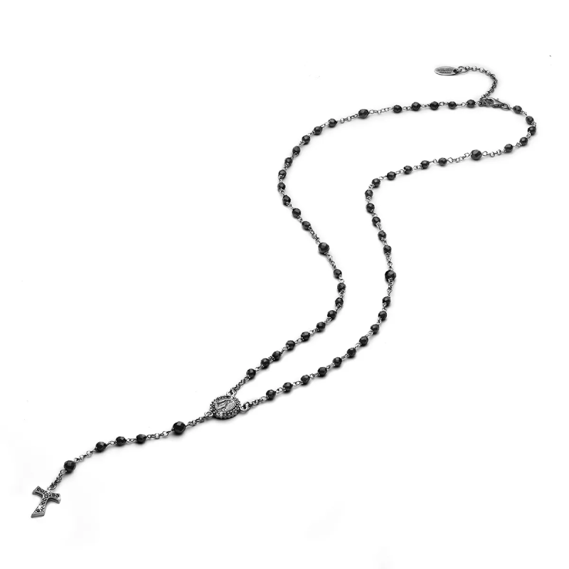 Sterling silver Rosary necklace with onyx beads, tau cross and miracolous Mary medal