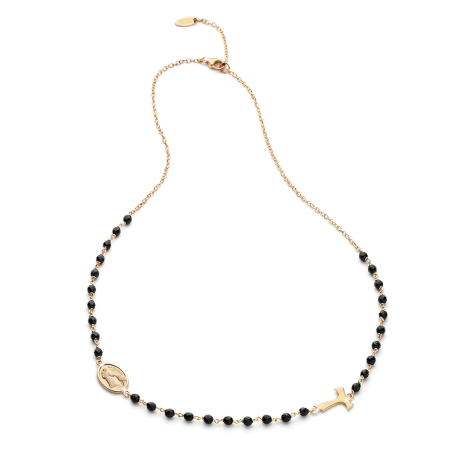 Sterling silver round rosary necklace with Franciscan Tau cross and Virgin with onyx grain
