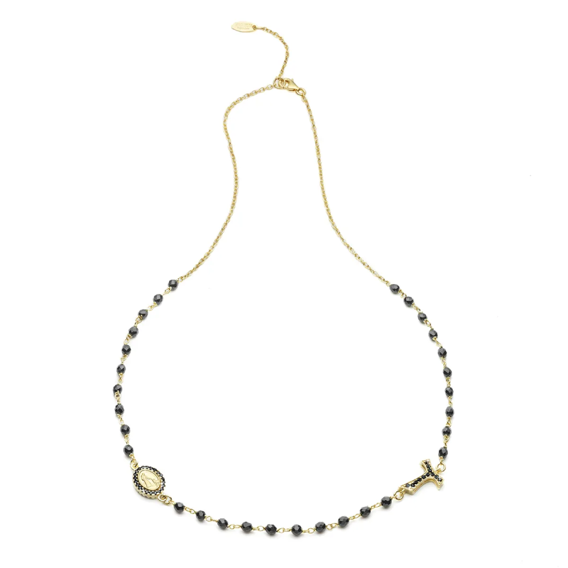 Collana Rosario Tau girocollo con San Francesco e Madonna con zirconi e decina di grani in onice