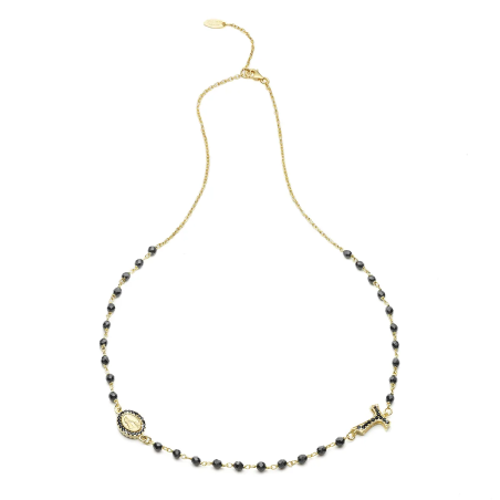 Collana Rosario Tau girocollo con San Francesco e Madonna con zirconi e decina di grani in onice