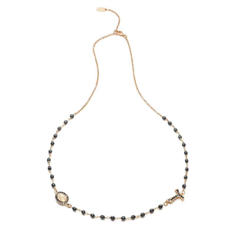Sterling silver round rosary necklace with Franciscan Tau cross and Virgin with zirconia and onyx grain