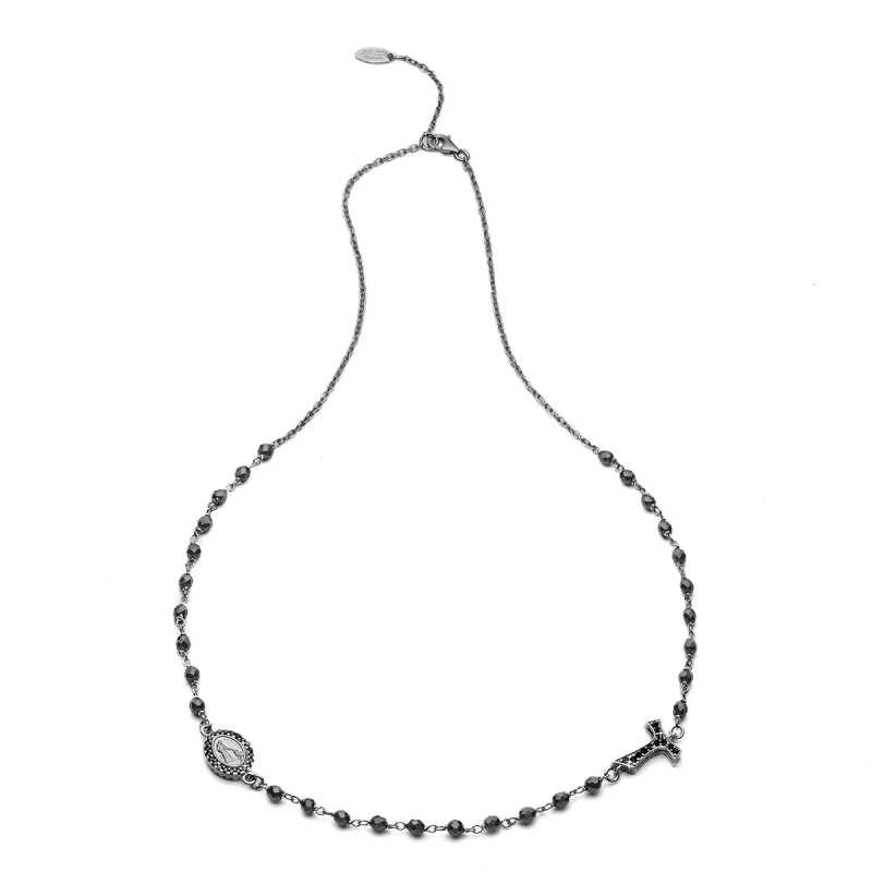 Collana Rosario Tau girocollo con San Francesco e Madonna con zirconi e decina di grani in onice