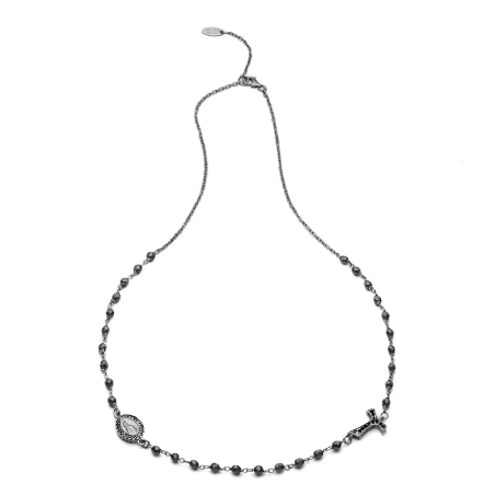 Sterling silver round rosary necklace with Franciscan Tau cross and Virgin with zirconia and onyx grain