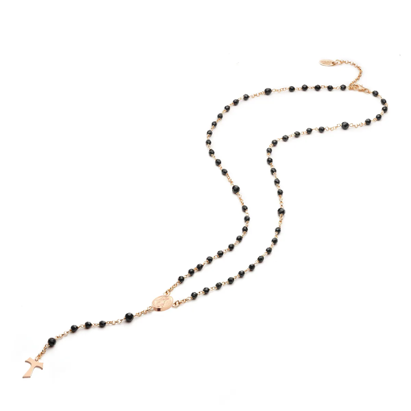 Gold rosary necklace with hanging Tau cross, onyx beads and miracolous medal